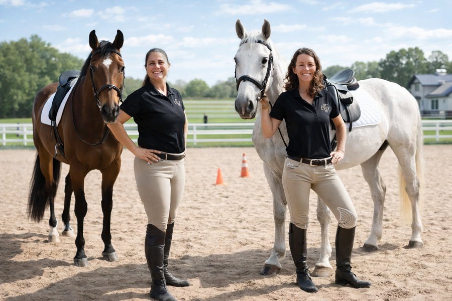 Esoteric Farm trainers with horses in the arena